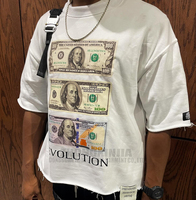 T-shirt surdimensionné personnalisé pour homme avec imprimé billet de banque, en coton épais, ourlet brut, style streetwear hip-hop, OEM ODM
