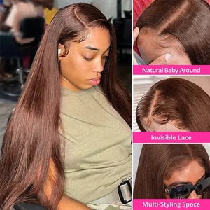 Perruque en cheveux humains lisses brun chocolat de 26 pouces, avec dentelle frontale HD transparente 13x4, pré-épilée, pour <span class=keywords><strong>femme</strong></span> - Product Image 5