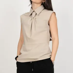 Custom Khaki Smart Shirt Sleeveless Vintage 100% Cotton Natural Organic Women's Blouses Plus Size Women's Clothing