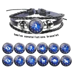 Multi-layers Adjustable Astro Unisex 12 Constellations Black Leather Zodiac Wristband Bracelet for Promotional Gift