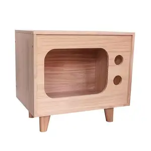 TV Shaped Solid pine wood Pet Bed Indoor Sturdy Cat Shelter Cat Scratcher Cat Condo