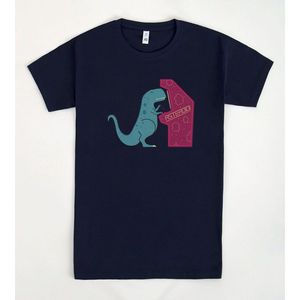 T-shirt Irony blu scuro con design grafico di dinosauri e asteroidi, unisex, promozionale - Product Image 1