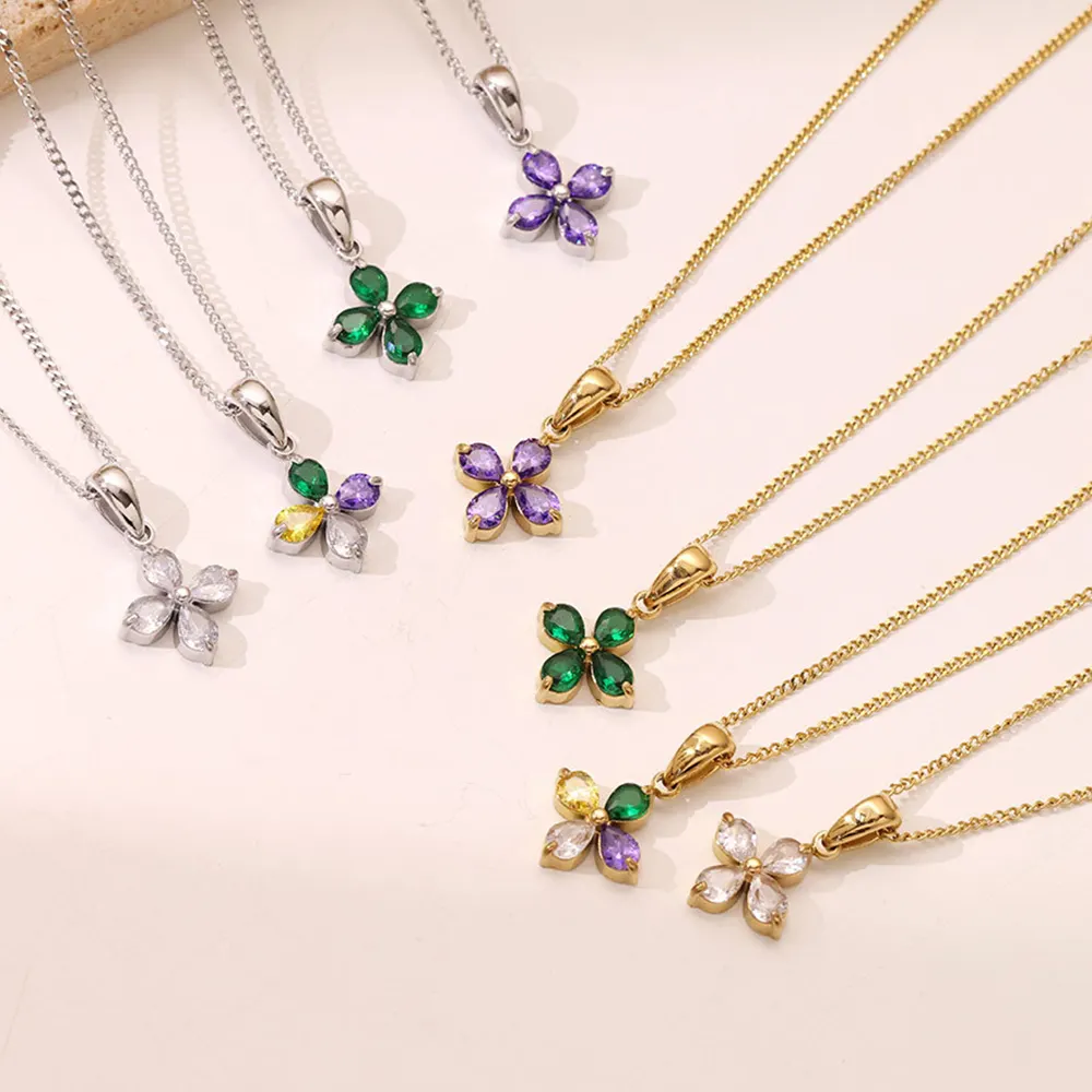Cute Jewelry Lucky Women Colorful Zircon Flower Collar Necklace 14K Gold Plated Stainless Steel Necklace