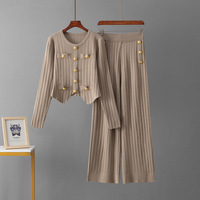 Ensemble Hiver Personnalisé pour Femme, Deux Pièces, Cardigan en Maille Boutons Dorés, Pantalon Large Couleur Unie