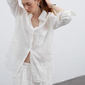 Camicia a maniche lunghe e <span class=keywords><strong>pantaloni</strong></span> dritti con motivo solido Set a due pezzi di <span class=keywords><strong>lino</strong></span> Casual alla moda - Product Image 5