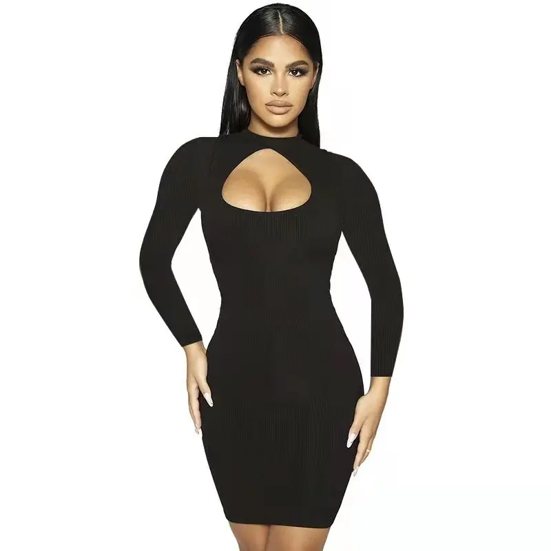 Fall Winter Sexy Vrouwen Jurken Low Cut Effen Kleur Midi Elegante Gebreide Plus Size Jurken Hollow Out Lange Mouwen Casual jurken