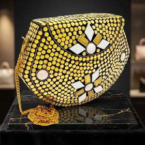 Designer Golden Brass Resin Crafts Handbag White Inlay Floral Pattern Chain Strap Party Wedding Wear Mosaic Clutch <b>Purses</b> <b>Set</b> - Product Image 1