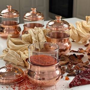 Copper Spice <b>Jars</b> Set <b>With</b> <b>Glass</b> Inserts And Metal <b>Lids</b> Vintage Handcrafted Airtight Stackable Kitchen Storage For Spices - Product Image 1