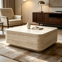 Table basse carrée en travertin naturel massif, bord arrondi, table centrale en pierre pour salon, villa, hôtel, décoration intérieure