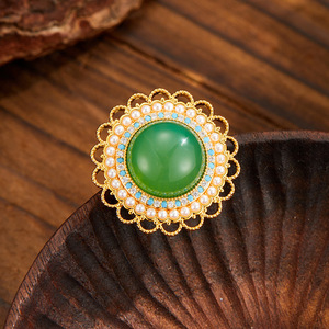Flower Shape Green Agate Brooch With Pearl And Turquoise Inlay For Women Party Jewelry Zinc Alloy Bezel Setting - Product Image 4