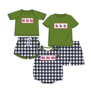 Yihui Hot Selling Boys Summer Green 4th Of July Independence Day USA Flags Embroidery Style Baby Clothes Outfits