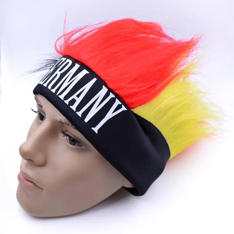 Wig penggemar sepak bola warna-warni, Wig rambut pesta karnaval, rambut manusia olahraga, Wig bendera Jerman untuk wanita dan pria