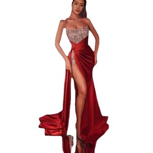 Women's <b>Sequined</b> Slit Maxi Dress Strapless Empire Waist Long Skirt Evening Gown Hot Stamping Fashion - Product Image 3