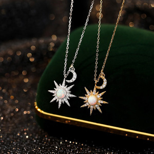 Của phụ nữ sang trọng đơn giản S925 Sterling Bạc tám cánh sao lưỡi liềm Opal Đá Vòng cổ thanh lịch chuỗi xương đòn - Product Image 1