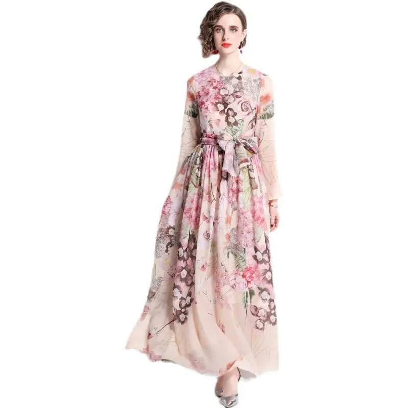 Oem Customized Womens Clothing New Products Long Sleeve Printed Chiffon Dress Swing Skirt Lady Style Dress