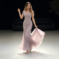 Robe de soirée sirène en gros, ornée de perles et de paillettes, col en V, manches courtes, longueur ras du sol, robe de bal formelle sur mesure