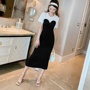 ZYHT 5086 Cute Ruched Short Sleeve Long Organic Cotton Summer Black White Summer Dresses for Women