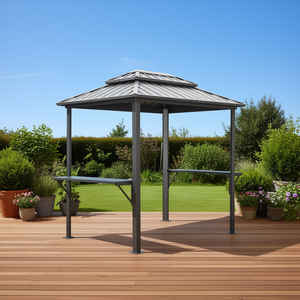 Aluminum Gazebo 8'x6' <b>Grey</b> Hard Top Double Roof Outdoor Metal <b>Frame</b> With Shelves For Patio Backyard Canopy Pergola - Product Image 2