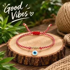 Bracelet porte-bonheur Go2boho en coton tressé rouge et blanc avec pendentif œil porte-bonheur, perles plaquées or, bijou ajustable, cadeau - Product Image 5