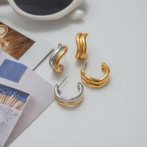 Stainless Steel Stud Earrings Gold Silver Color <b>Block</b> C <b>Shape</b> Geometric Wave Design Fashion Jewelry - Product Image 4