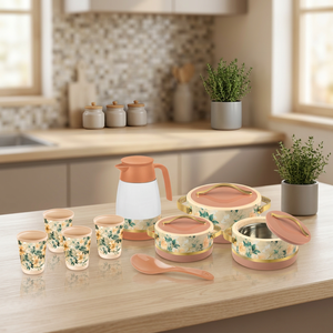 Ensemble de vaisselle isotherme en porcelaine émaillée Anax Peach Gardenia, 9 pièces, écologique, passe au lave-vaisselle, avec pot isotherme - Product Image 2