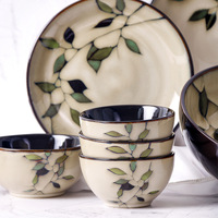 Vaisselle en céramique feuille de bambou Omk grand bol à riz japonais rétro sous glaçure couleur assiette jetable pour soupe et nouilles