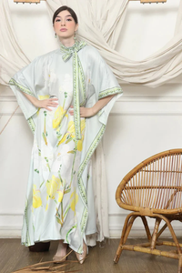 LEDUO Customized Elegant Vintage Casual Loose Green Stain Women Floral Print Neck Tie <b>Kaftan</b> - Product Image 3