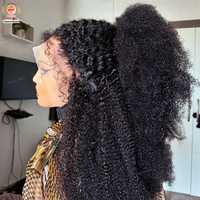 Perruque Bouclée Afro Cheveux Humains Sans Colle Prête à Porter avec Bords 4C Pré-Épilés 360 13x6 Perruques Frontales HD Lace pour Femme Densité 350