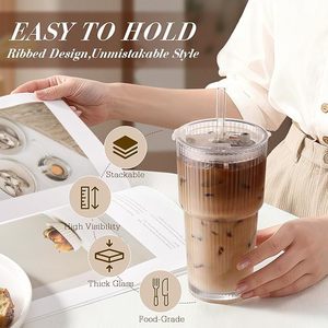 Copo de Vidro de 20oz com Design Moderno, Portátil, à Prova de Vazamentos, Copo Vertical com Relevo, Utensílios de Mesa com Tampa de PP para Leite, Café, Viagem e Escritório - Product Image 4
