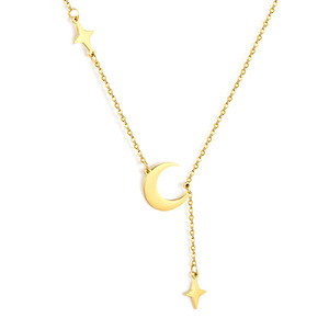 Moon And <b>Star</b> Pendant Necklace 18k Gold Plated Stainless Steel Geometric <b>Design</b> Daily Wear Clavicle Chain - Product Image 3