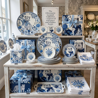 Service de vaisselle en porcelaine personnalisé avec motif léopard bleu, assiettes en céramique, plats à salade floraux pour hôtels, restaurants, complexes hôteliers et détaillants