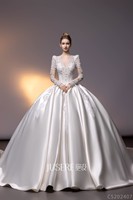 Robe de Mariée en Satin Perle Simple Cérémonie Blanche à Manches Longues Robe de Mariée Saoudienne Grande Taille à Personnaliser