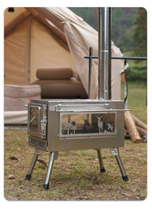 Poêle à <span class=keywords><strong>bois</strong></span> pliable portable double usage, ustensiles de cuisine en acier inoxydable pour 3 à 5 personnes, chauffage de tente de camping - Product Image 6