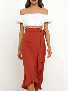 Falda Midi de Verano para Mujer Talla Grande - Falda Cruzada Roja Sandía con Dobladillo con Volantes, Perfecta para el Trabajo, Vacaciones y Citas - Product Image 5