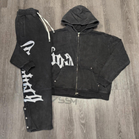 Produsen kustom 2 potong Streetwear Vintage Jogging Zip up Tracksuit tombol Patch bordir celana olahraga dan Set Hoodie