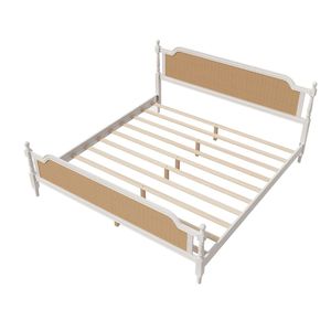 Luxury Rattan <b>King</b> Size <b>Bed</b> Antique White Finish Solid Wood <b>Platform</b> <b>Bed</b> Cane Headboard Bedroom Furniture for Premium Home - Product Image 2