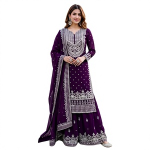 Salwar Kameez violet élégant brodé argenté, coupe droite longueur ras du sol, idéal pour les mariages et les occasions spéciales - Product Image 1
