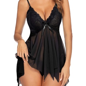 Pyjama sexy en dentelle avec nœud, décolleté plongeant en V, translucide, rouge, grande taille, style européen-américain, lingerie <span class=keywords><strong>de</strong></span> maison - Product Image 5