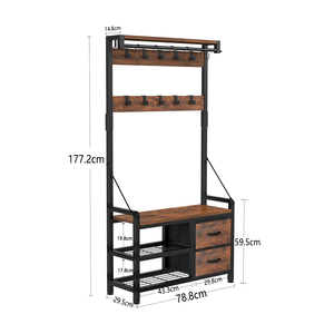<span class=keywords><strong>Modern</strong></span> rustik kahverengi ve siyah ahşap 4-in-1 ceket ayakkabı raf Hall ağacı fabrika toptan için ön kapı giriş ceket standları - Product Image 5