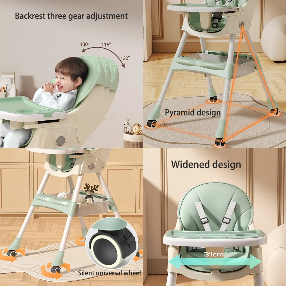 OEM Customized Logo Foldable Plastic Backrest Adjustable Safety Rocking Baby Feeding High Chair For With Wheel