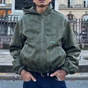 High Quality Custom Logo Green Vintage Street Wear Pu Leather <b>Jackets</b> Oversize Heavyweight <b>Zip</b> <b>up</b> Leather Hoodies - Product Image 1