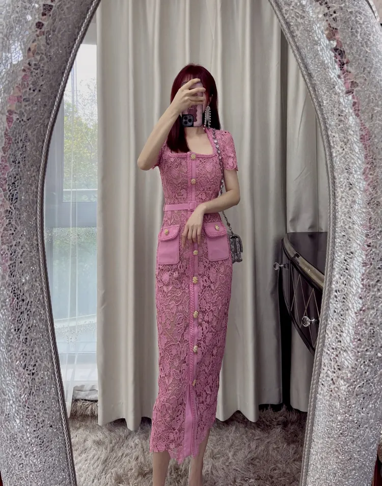 New women's water soluble lace stitching short sleeve sexy careful machine long pink dress