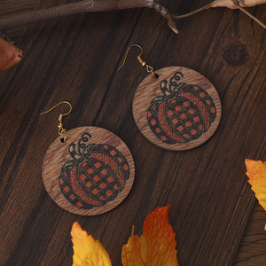 Pendientes de madera Acción de Gracias Vintage Gingham Calabaza Colgante redondo Pendientes de doble cara para mujer Uionen 1102 - Product Image 4