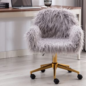 Chaise de coiffeuse pivotante moderne en fausse fourrure grise, chaises de bureau avec base chromée, meubles <span class=keywords><strong>d</strong></span>écoratifs pour salon et chambre à coucher - Product Image 3