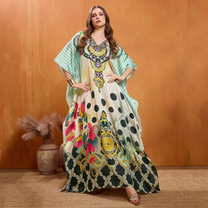 High Quality Designer Turkish Style <b>Kaftan</b> Women Polyester Handmade Batwing Sleeves V Neck Regular Fit Flared Hem Midi Party - Product Image 1