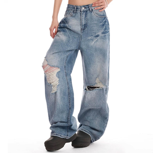 <span class=keywords><strong>Jeans</strong></span> Huanqiu Y2K Estilo Streetwear para Mujer, Cintura Alta, Desgastados, Corte Denim, Pierna Ancha - Product Image 3