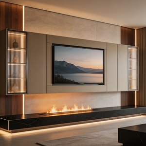 <span class=keywords><strong>Meuble</strong></span> mural <span class=keywords><strong>TV</strong></span> flottant de luxe italien moderne avec foyer électrique et éclairage LED, ensemble de meubles muraux personnalisés pour salon - Product Image 1