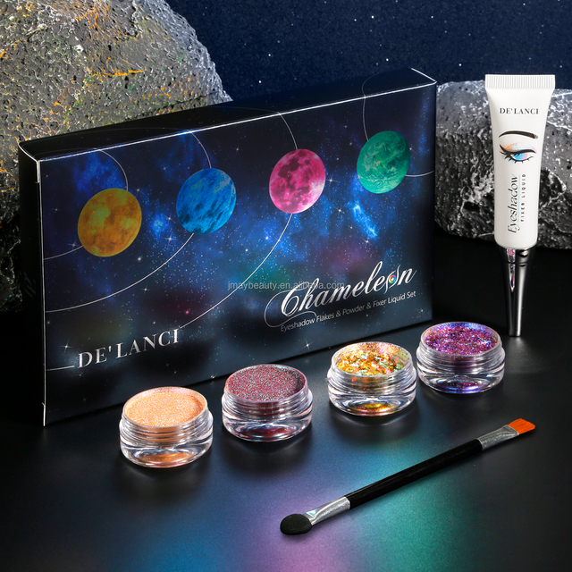 DELANCI Chameleon 4-color Loose Glitter Eye Shadow Makeup Kit With Mixing Liquid and Brush