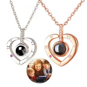 Hot Selling Brass Heart Shape Romantic Photo Projection Necklace Copper Zircon Picture Projection Women Necklace