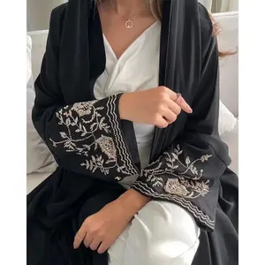 定制女式Abaya Kaftan透气涤纶黑色染色金色刺绣制造商定制连衣裙穆斯林女性